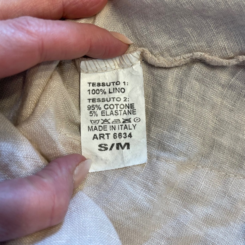 Made in Italy Linen Lagenlook Midi Dress Beige V-Neck Handkerchief Hem S/M - Picture 8 of 8